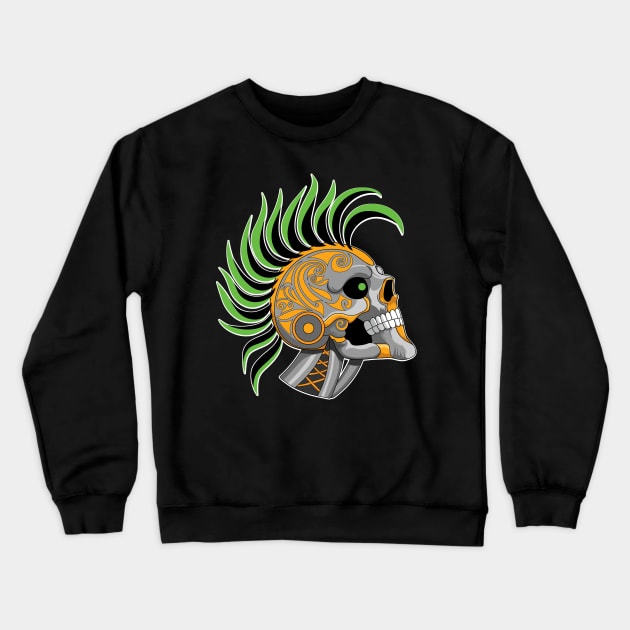 Tattooed Robot Skull with Green Mohawk Crewneck Sweatshirt by Designs by Darrin